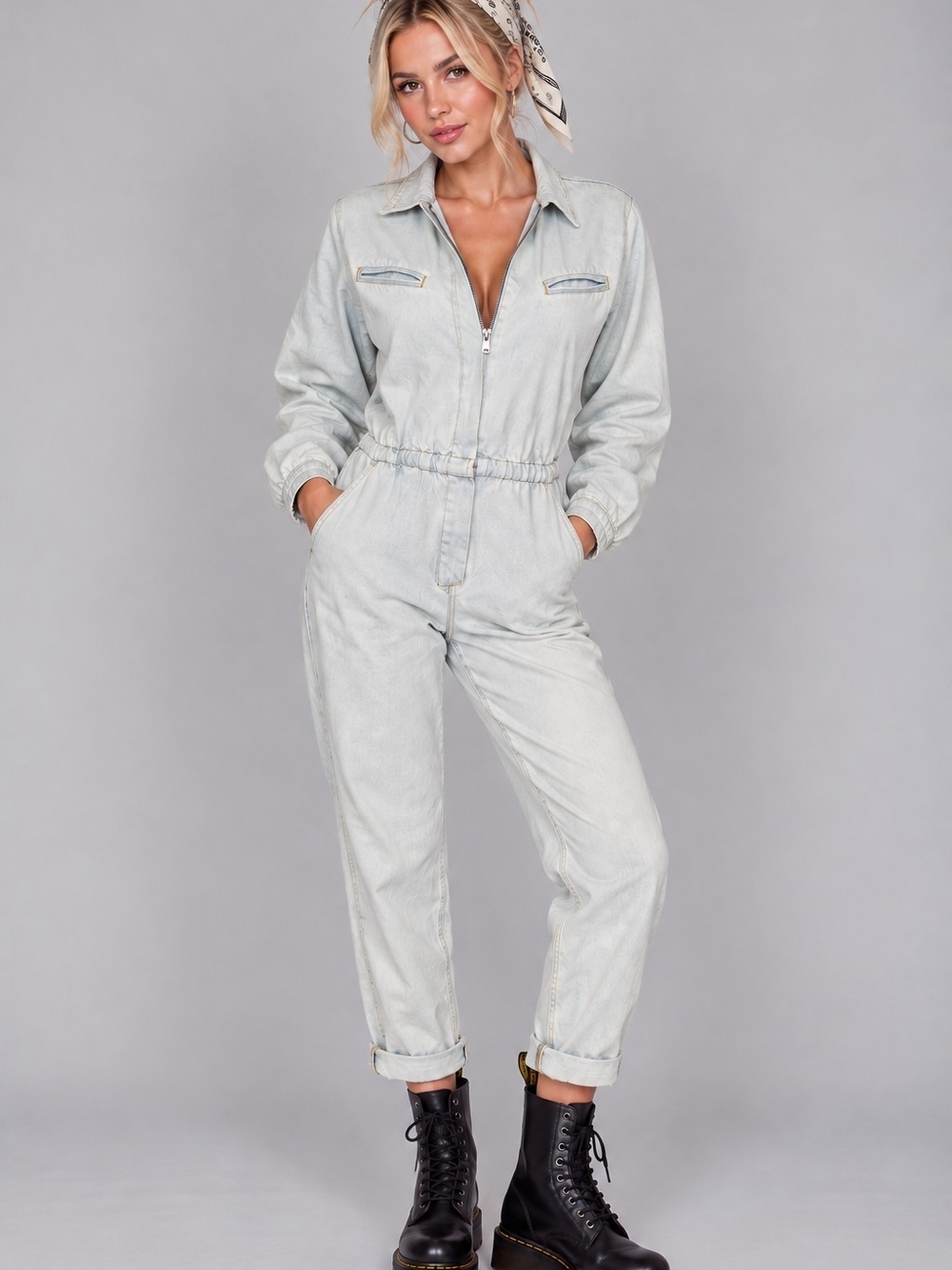 NWOT IRO Rialto Light Blue Denim Front Zip Jumpsuit 38 (6)
